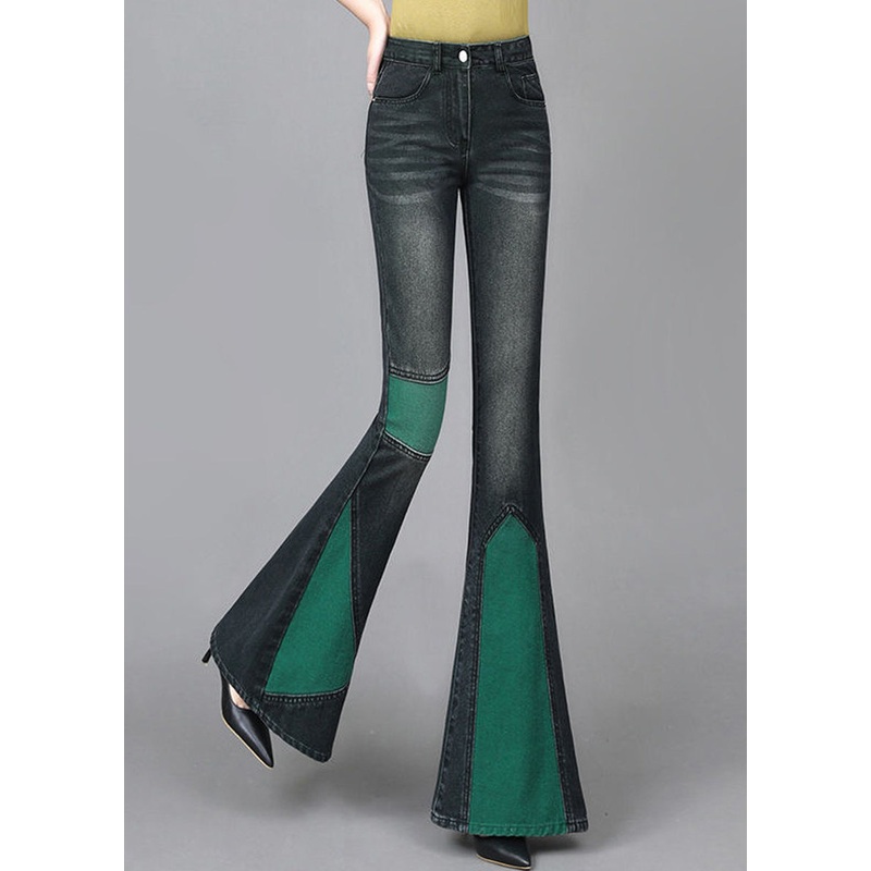 Beautiful Green Asymmetrical Patchwork Denim Flare Bottoms Spring