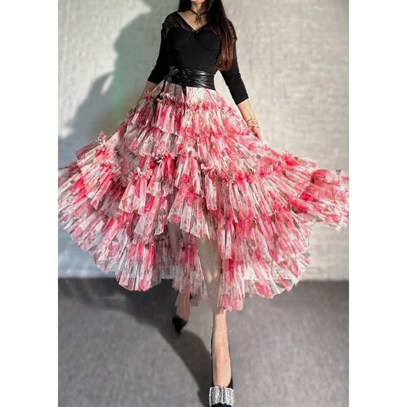 Beautiful Red Asymmetrical Print Chiffon Skirt Spring