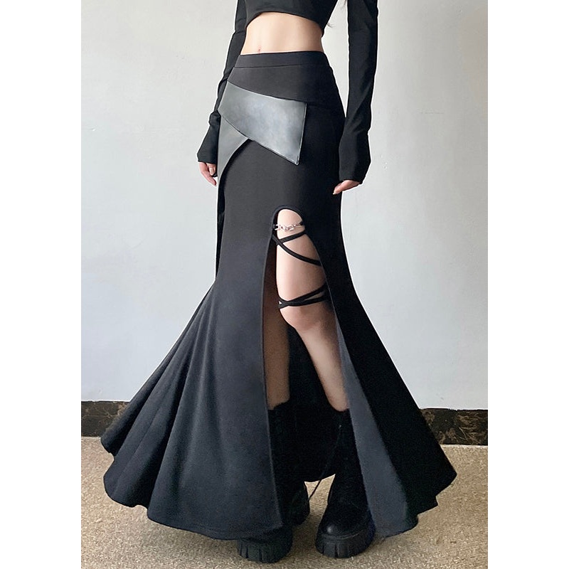 Black Patchwork Faux Leather Wraped Skirts Side Open Spring