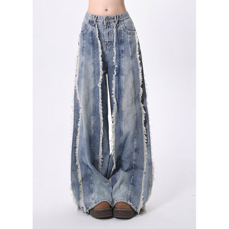 Bohemian Blue Tasseled Patchwork Denim Straight Pants Spring