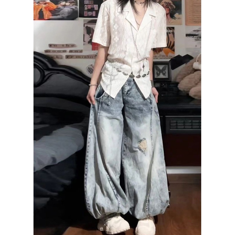 Bohemian Light Blue High Waist Denim Ripped Jeans Spring