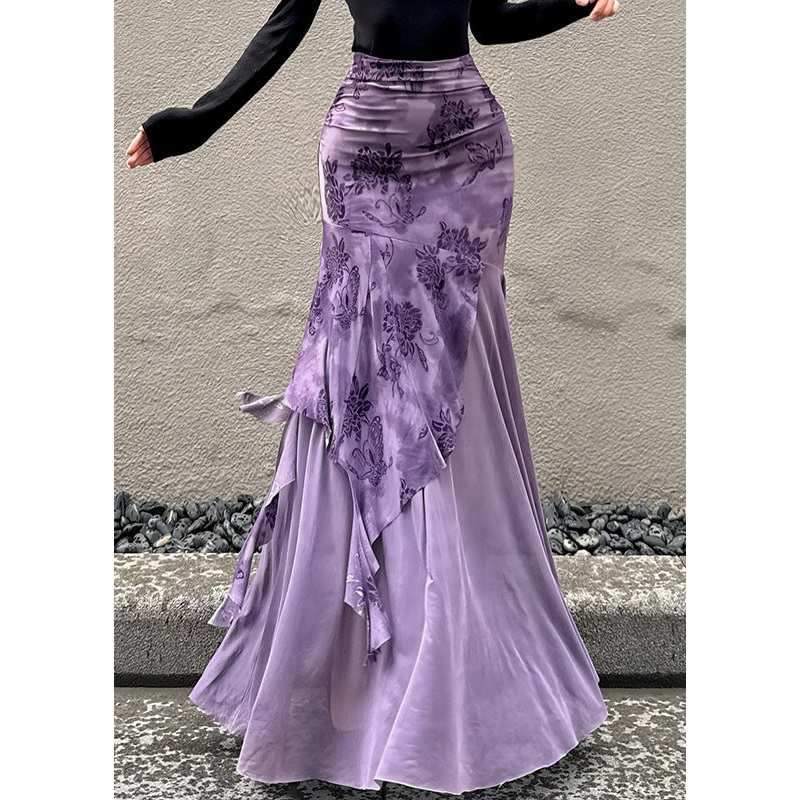 Bohemian Purple Print Patchwork Tulle Wraped Skirts Spring