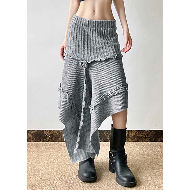 Boho Grey Asymmetrical Design Ruffled Knit Skirts Spring