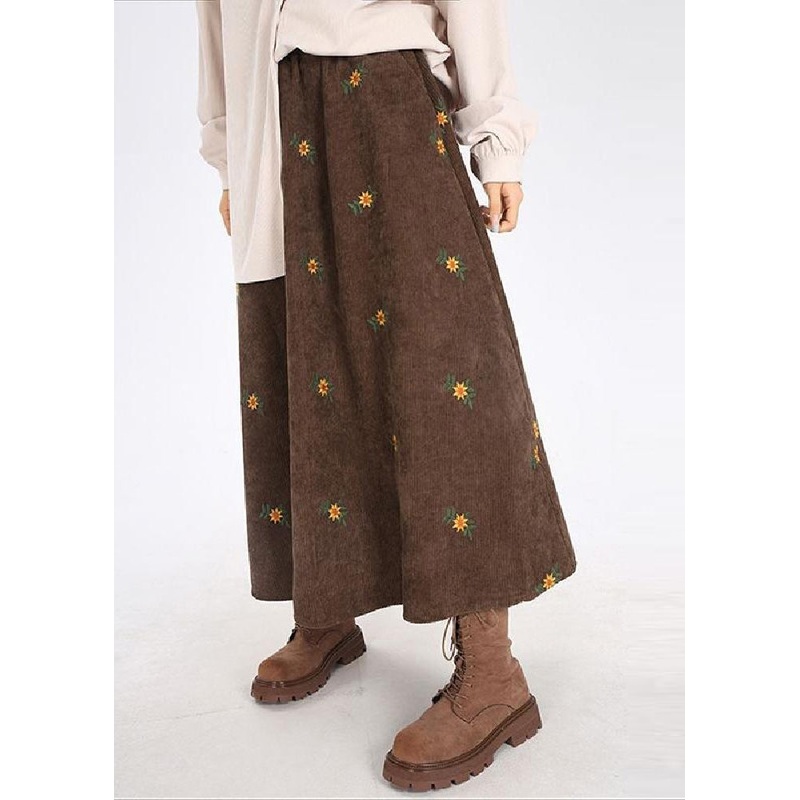 Brown Corduroy A Line Skirt Embroidered Spring