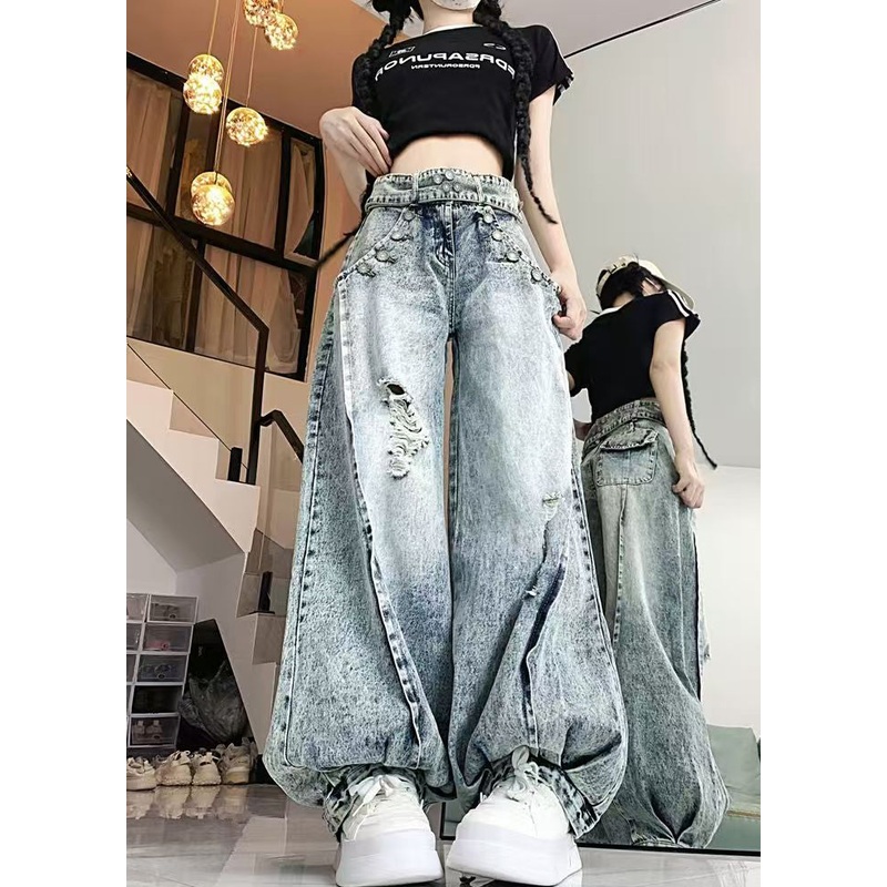 Stylish Light Blue High Waist Denim Ripped Pants Spring