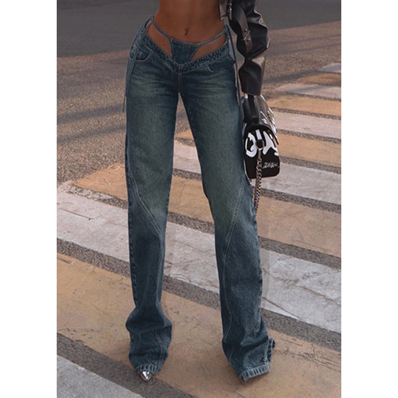 Stylish Navy Patchwork Denim Pants Spring