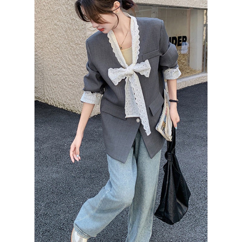 Unique Grey Oversized Patchwork Lace Coats Spring