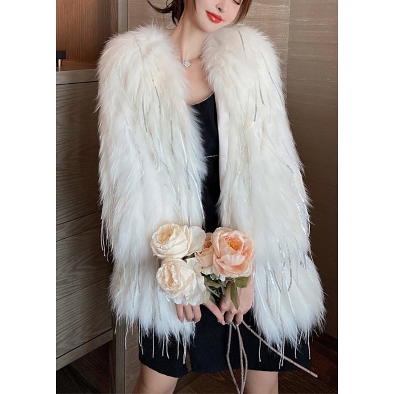 White Warm Faux Fur Coats Tasseled Winter