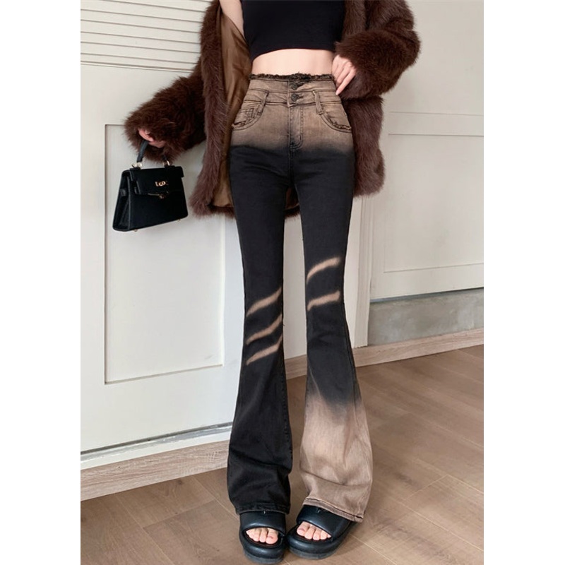 Women Gradient Color High Waist Tie Dye Denim Flared Trousers Spring