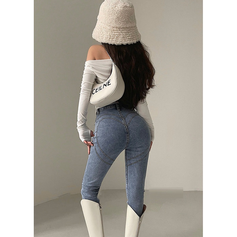 Women Light Blue High Waist Denim Pants Spring