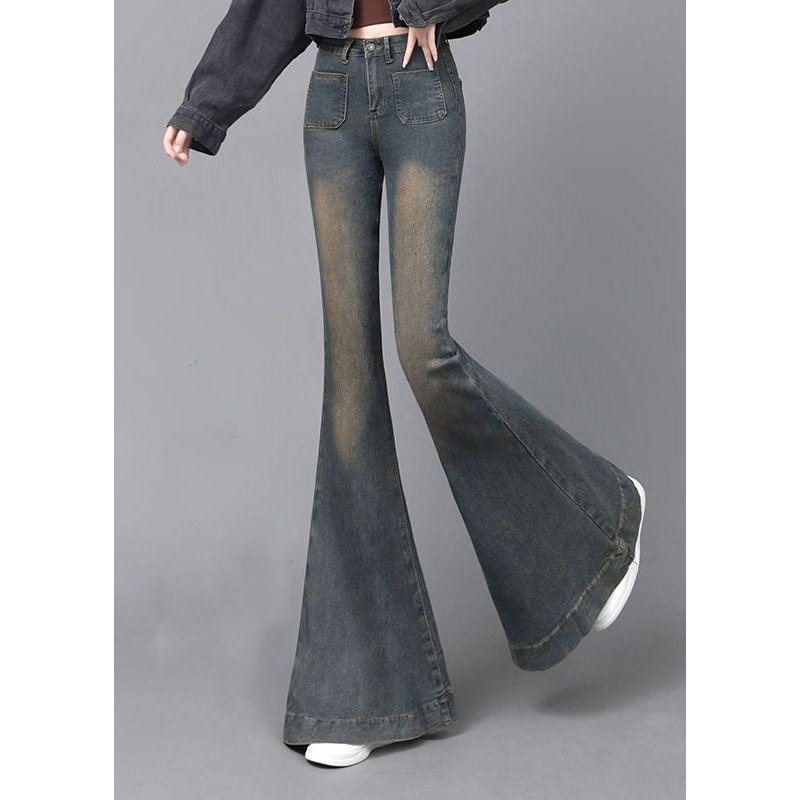 Women Navy High Waist With Pockets Denim Flare Bottoms Spring