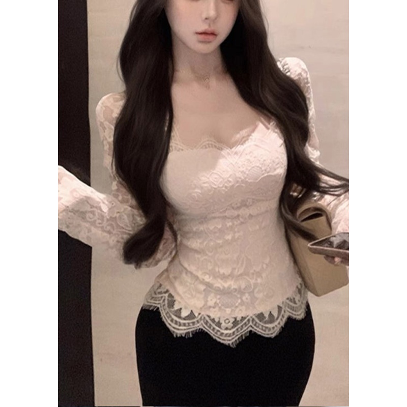 Beautiful White Square Collar Silm Fit Lace Tops Spring