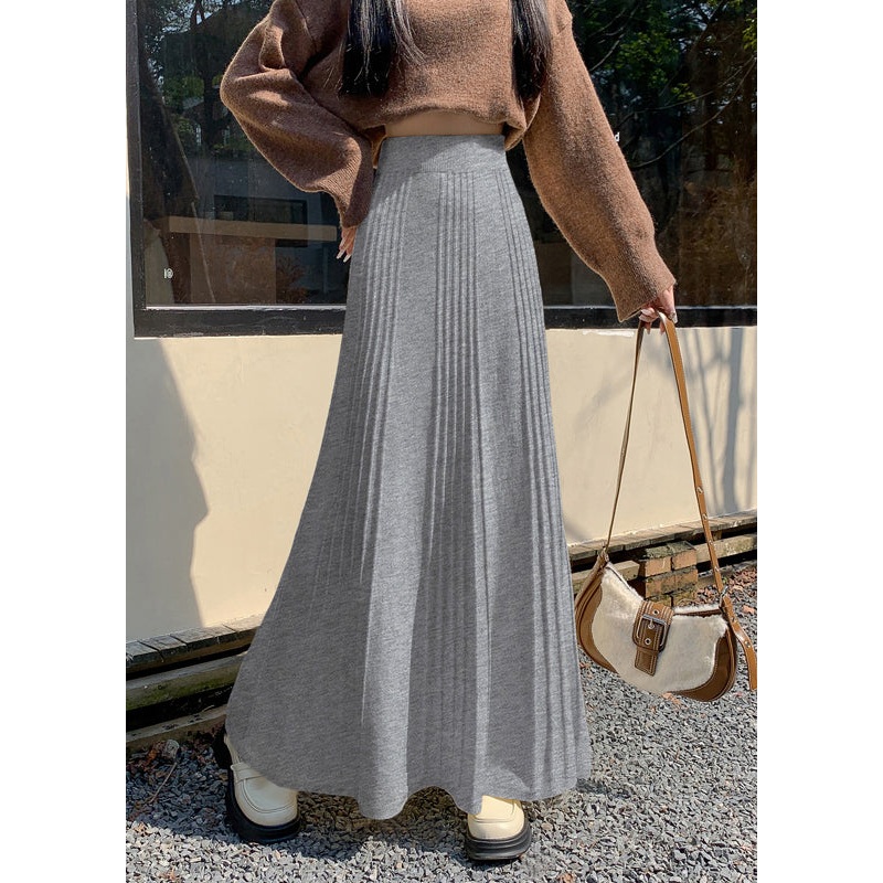 Classy Grey Exra Large Hem Knit Pleated Skirts Spring