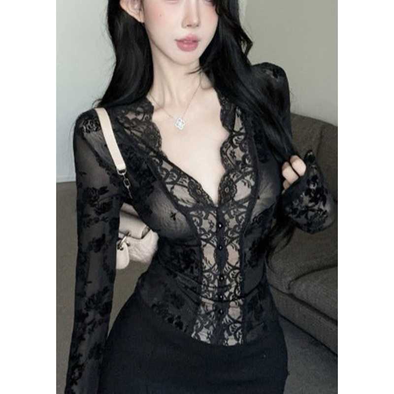 Stylish Black V Neck Sheer Lace Tops Spring