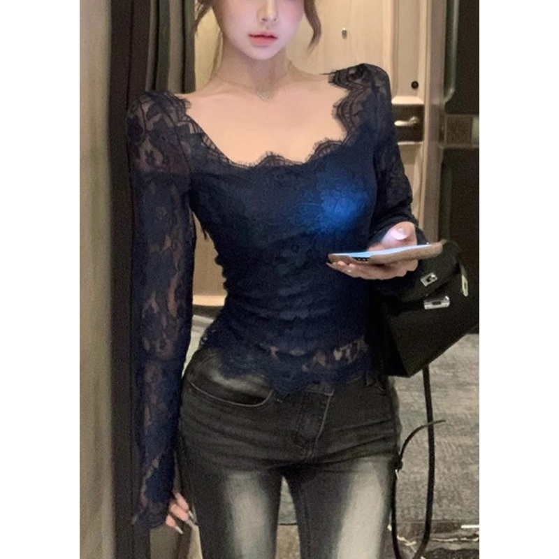 Women Black Hollow Out Sexy Lace Eyelash Tops Spring