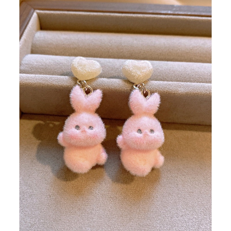 Beautiful Pink Alloy Fuzzy Fur Fluffy Love Little Rabbit Drop Earrings