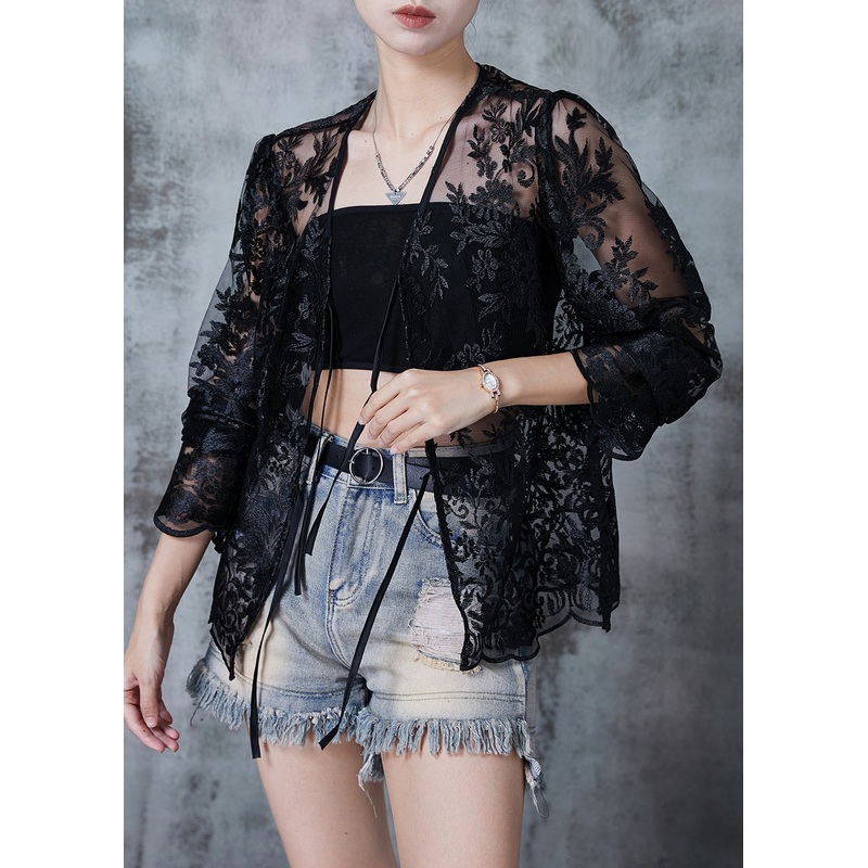 Italian Black Embroidered Tulle UPF 50+ Cardigan Summer