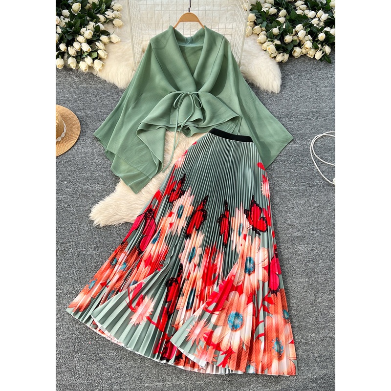 Women Green Asymmetrical Butterfly Two Piece Set Women Clothing Summer