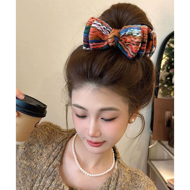 Art Rainbow Knitted Cotton Thread Bow Hairpin