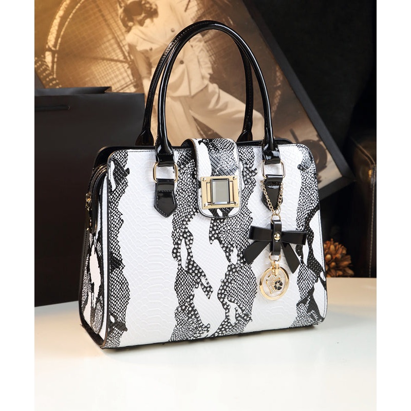 Boutique White Embossed Zircon Calf Leather Tote Handbag