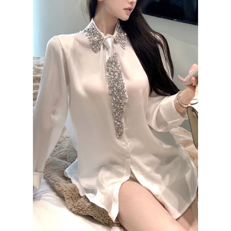 Boutique White Peter Pan Collar Zircon Silk Shirt Top Spring