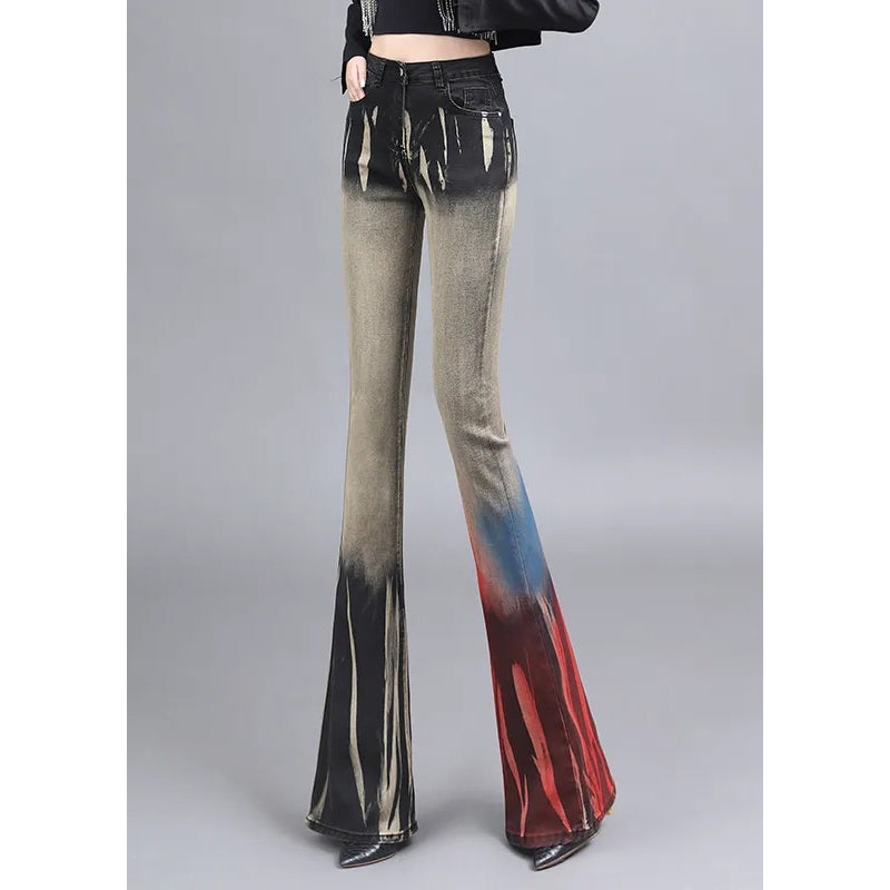 Casual Asymmetrical Tie Dye Denim Bell-bottom Trousers Spring