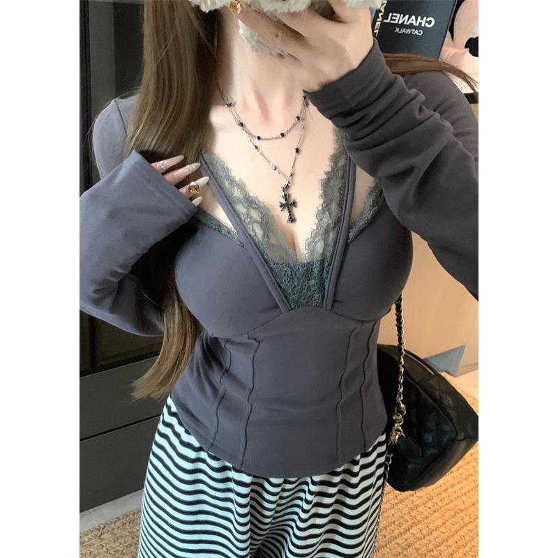 Casual Grey Patchwork Lace Halter Tops Spring