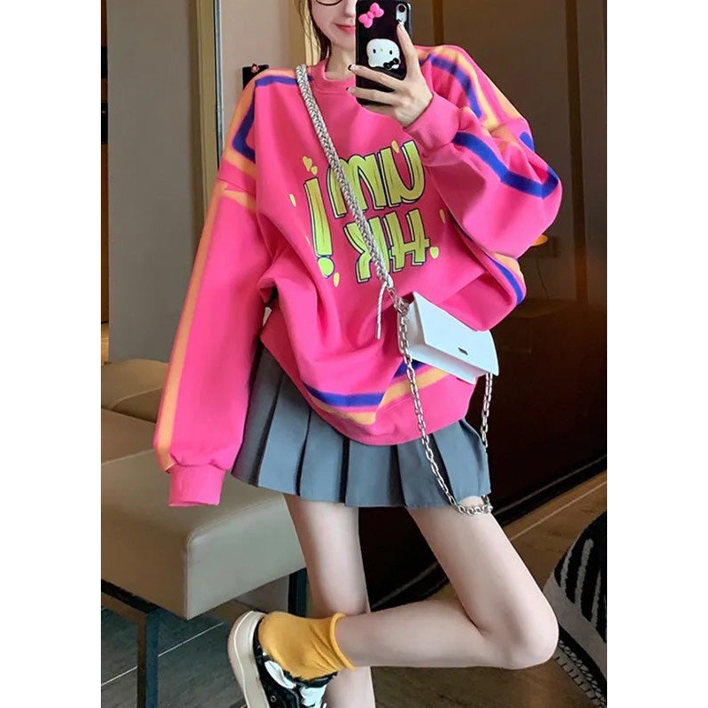 Casual Pink O Neck Graphic Warm Fleece Loose Sweatshirts Top Spring
