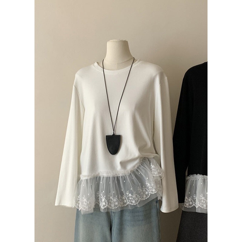 Casual White O Neck Lace Patchwork Cotton T Shirts Top Spring