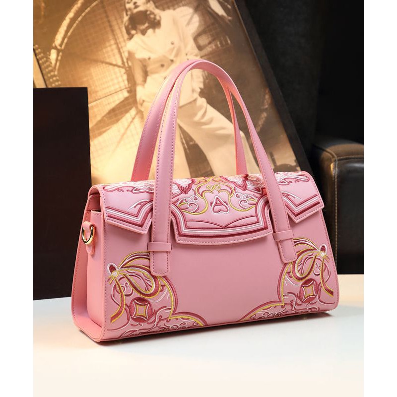 Chinese Style Pink Embroideried Calf Leather Tote Handbag