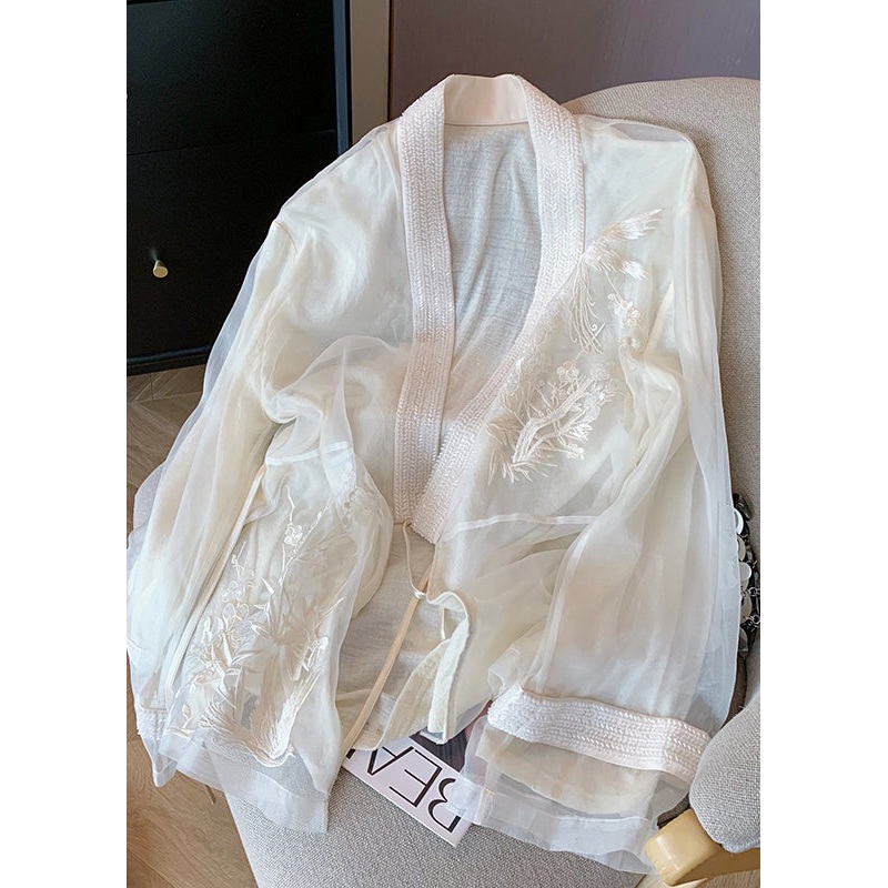 Chinese Style White Embroidered Lace Up Tulle Cardigan Spring