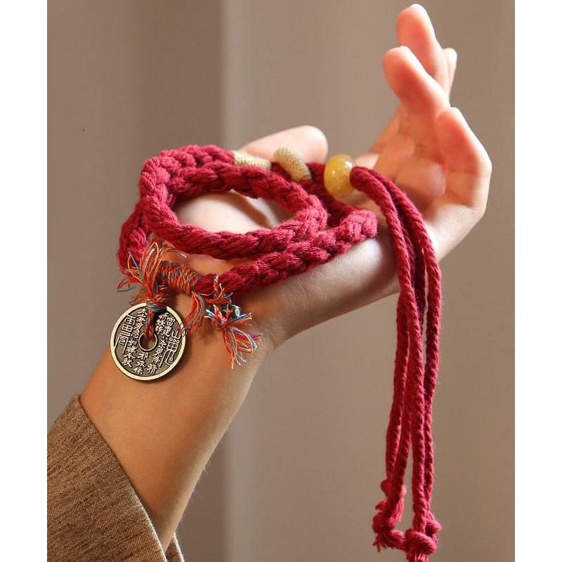 Handmade Red Handmade Weaving Copper Coins Yarn Tassel Charm Bracelet