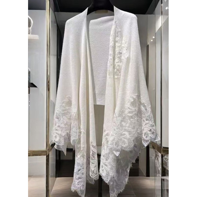 Modern White Lace Embroideried Patchwork Wool Blend Shawl