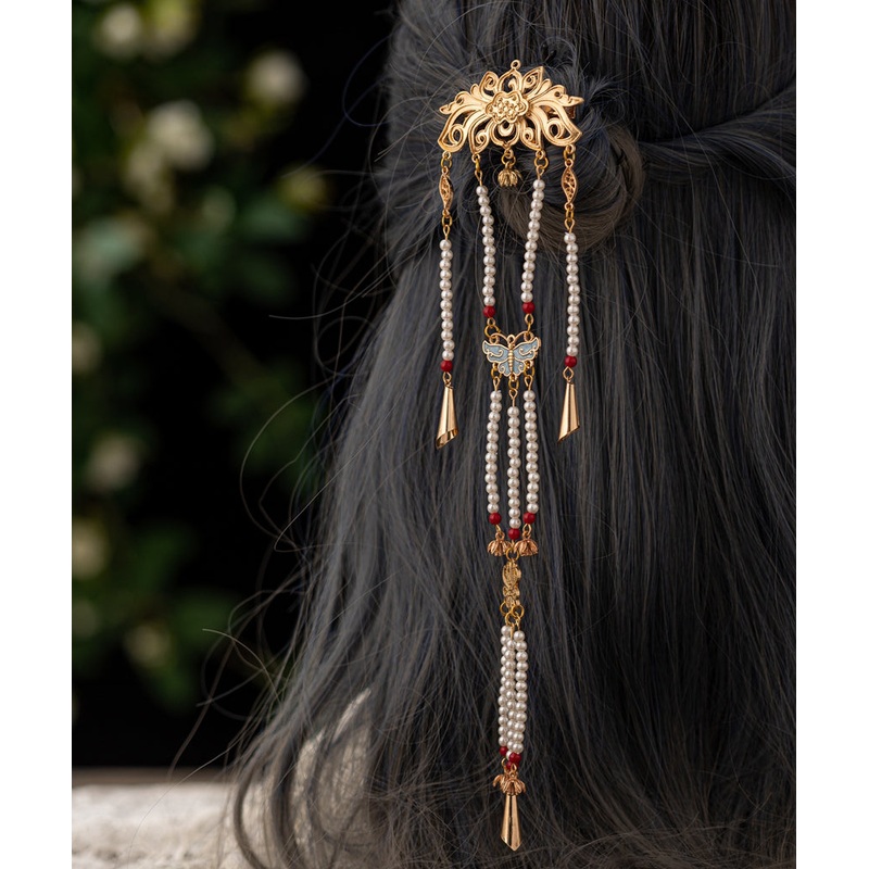 Original Design Gold Copper Alloy Drop Glaze Butterfly Tassel Hairpin
