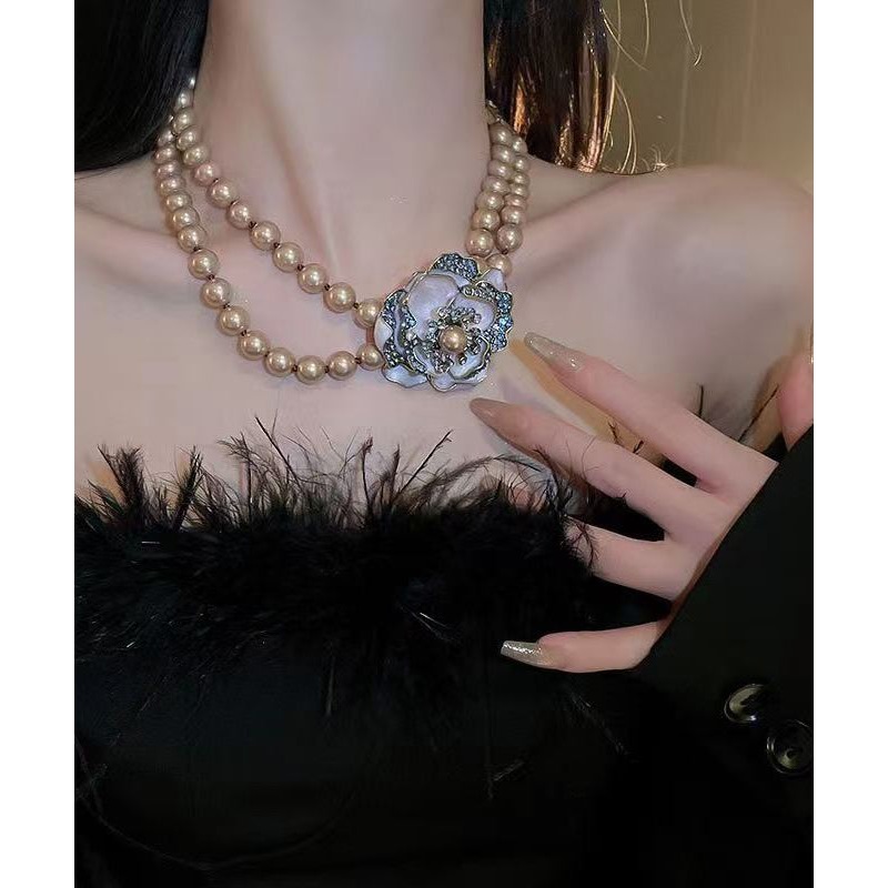 Retro Gold Copper Alloy Zircon Double Layer Pearl Floral Princess Necklace