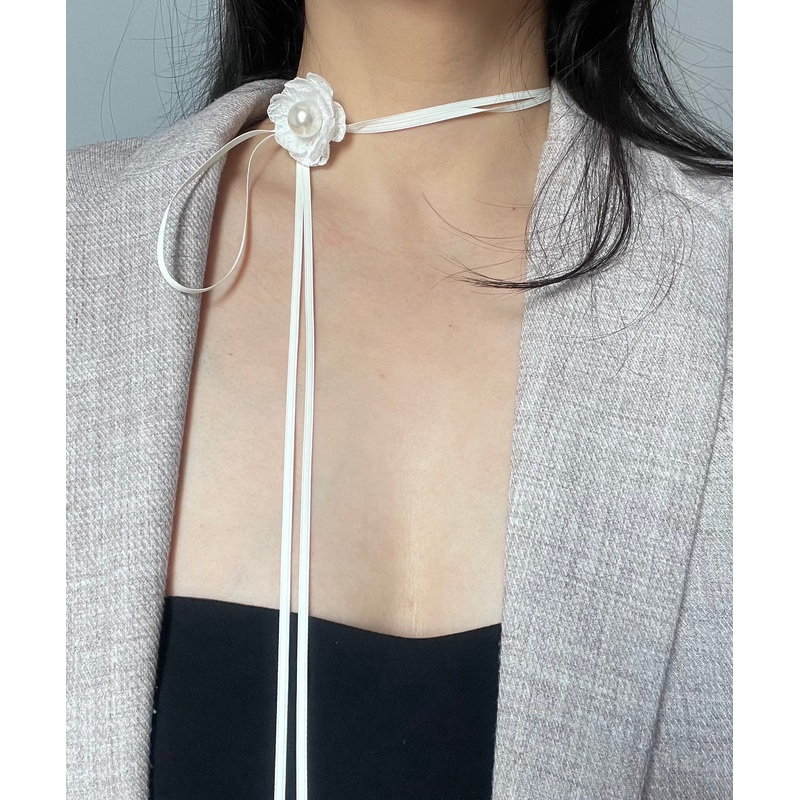 Simple White Cloth Lace Camellia Pearl Necklace