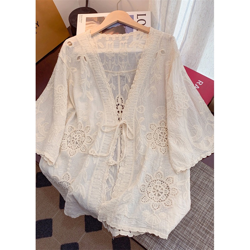 Stylish Apricot V Neck Lace Up Hollow Out Lace Cardigans Summer