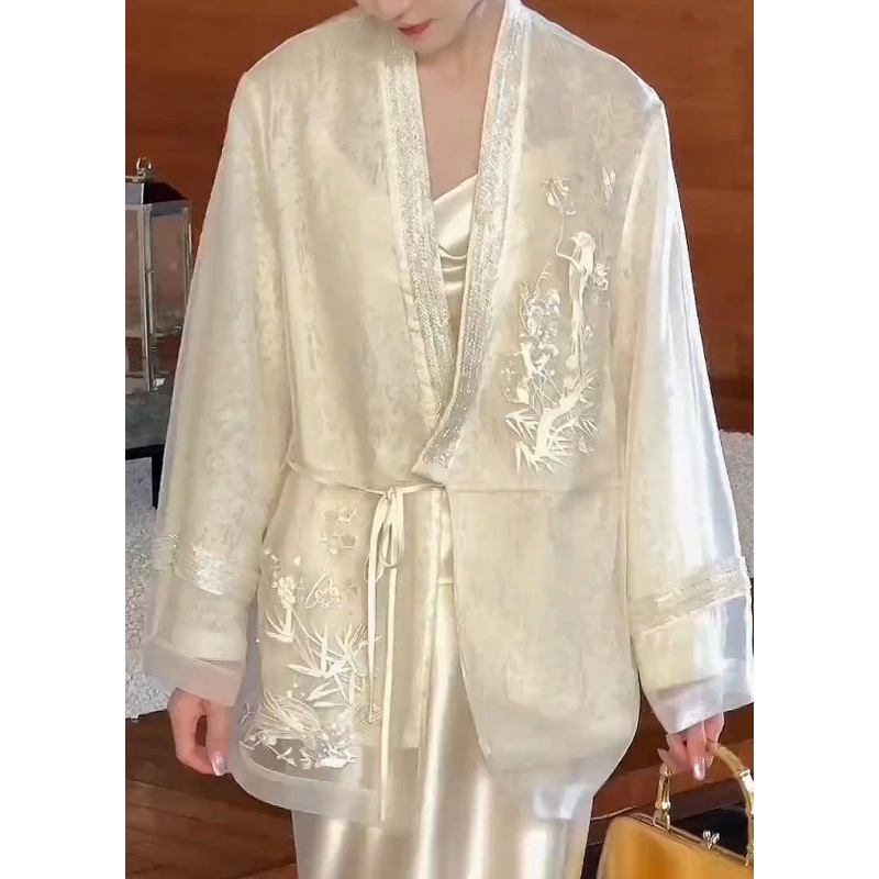 Vintage Beige V Neck Embroidered Lace Up Silk Cardigan Spring