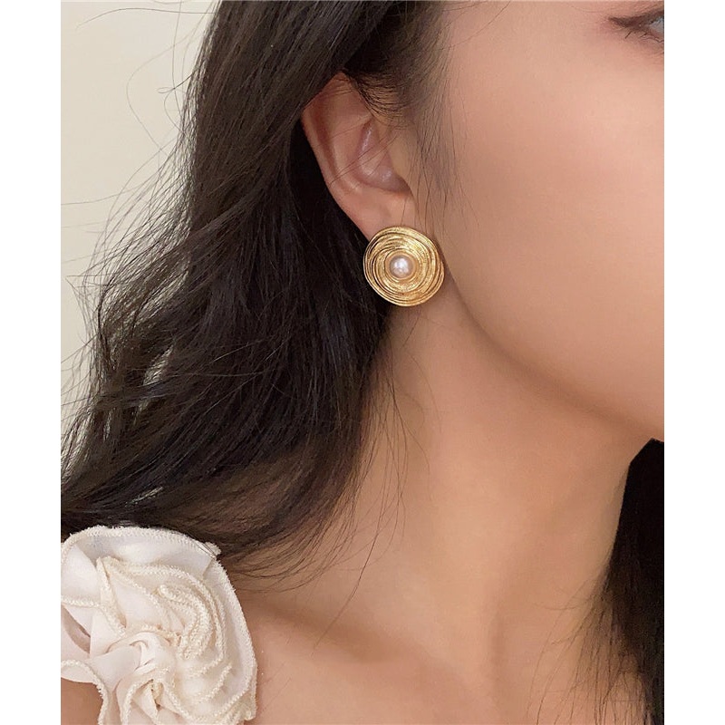 Vintage Silk Metal Resin Pearl Stud Earrings