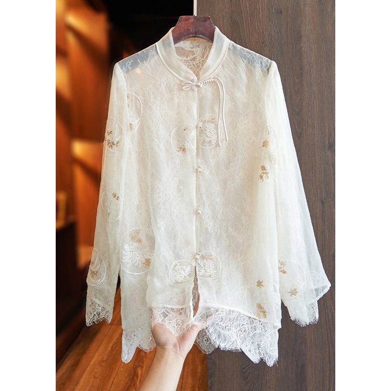 Vintage White Embroidered Lace Patchwork Silk Shirts Top Spring