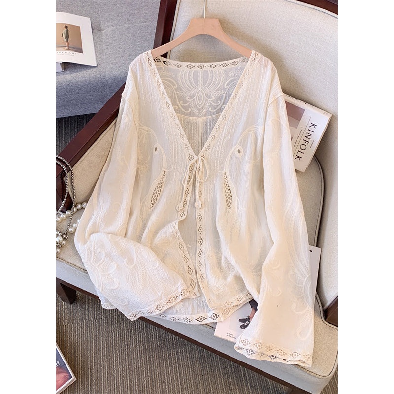 Women Apricot V Neck Hollow Out Embroidered Lace Cardigans Spring