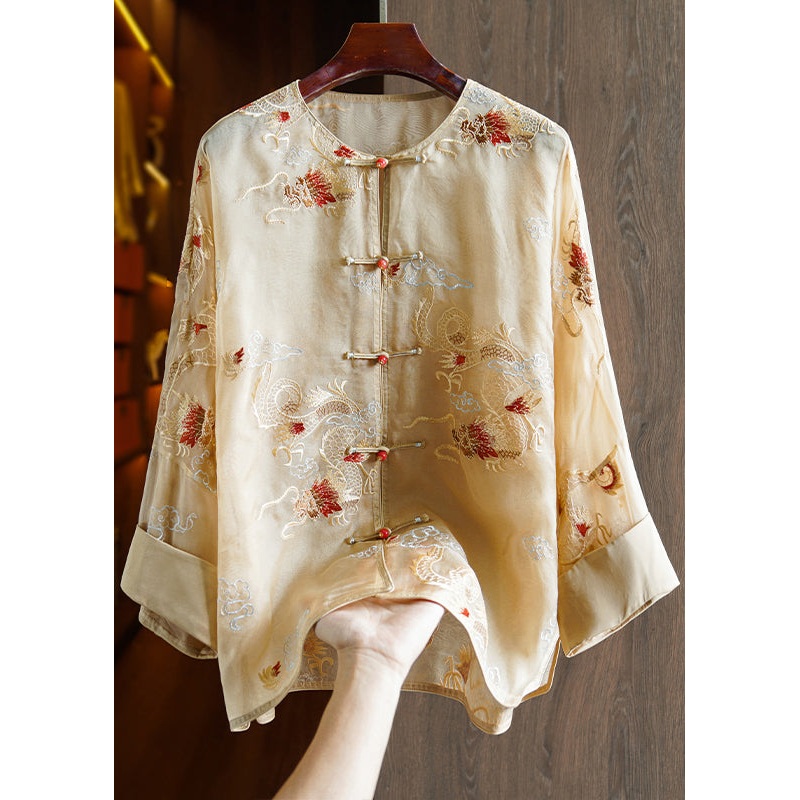 Women Yellow Embroidered Oriental Button Silk Organza Shirts Top Spring