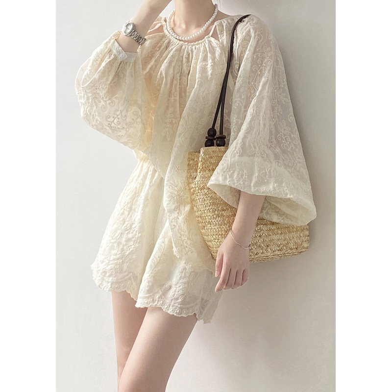 Art Beige Embroidered Tops And Shorts Cotton Two Piece Set Spring