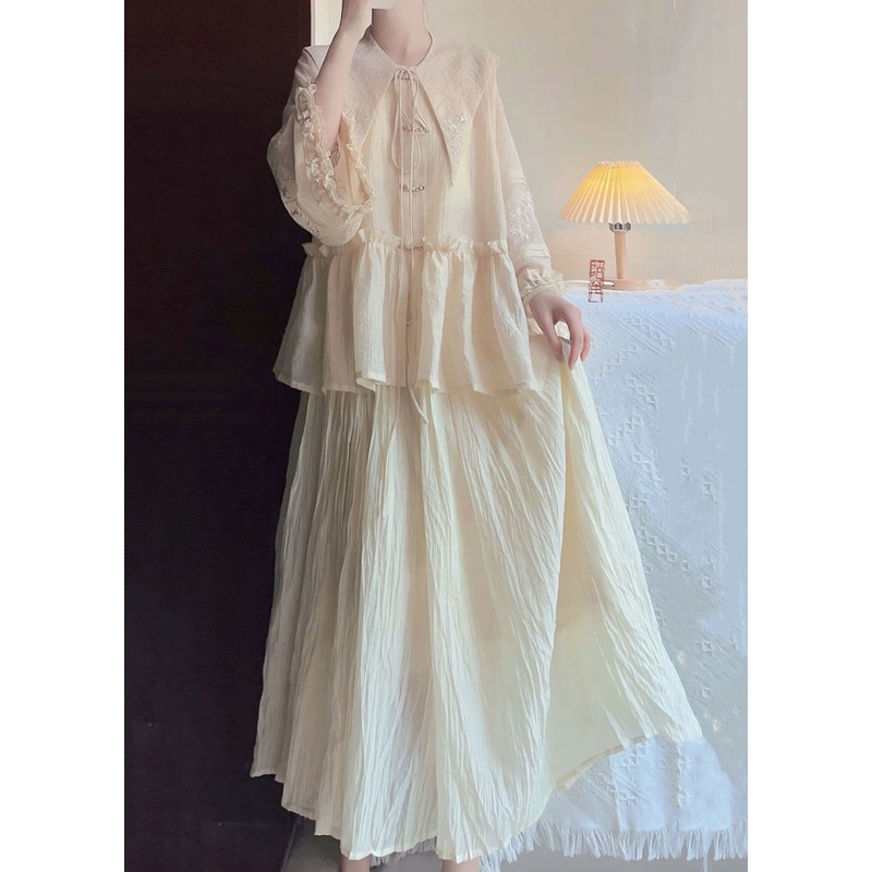 Art Beige Peter Pan Collar Ruffled Shirts And Skirts Cotton Two Pieces Set Spring