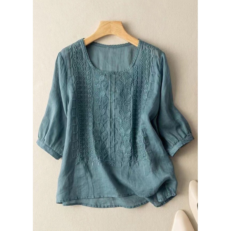 Art Blue O Neck Embroidered Linen T Shirts Half Sleeve