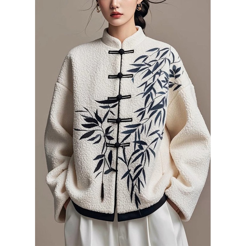 Art White Chinese Button Bamboo Print Faux Fur Jackets Winter