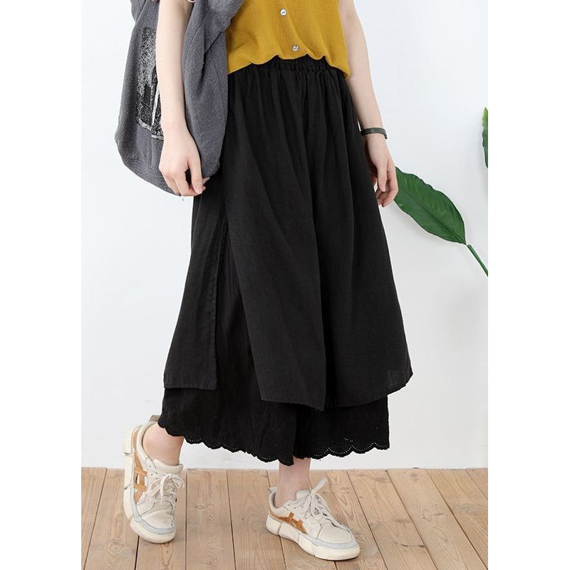 Black Lace Solid Linen Pants Skirt Elastic Waist Summer