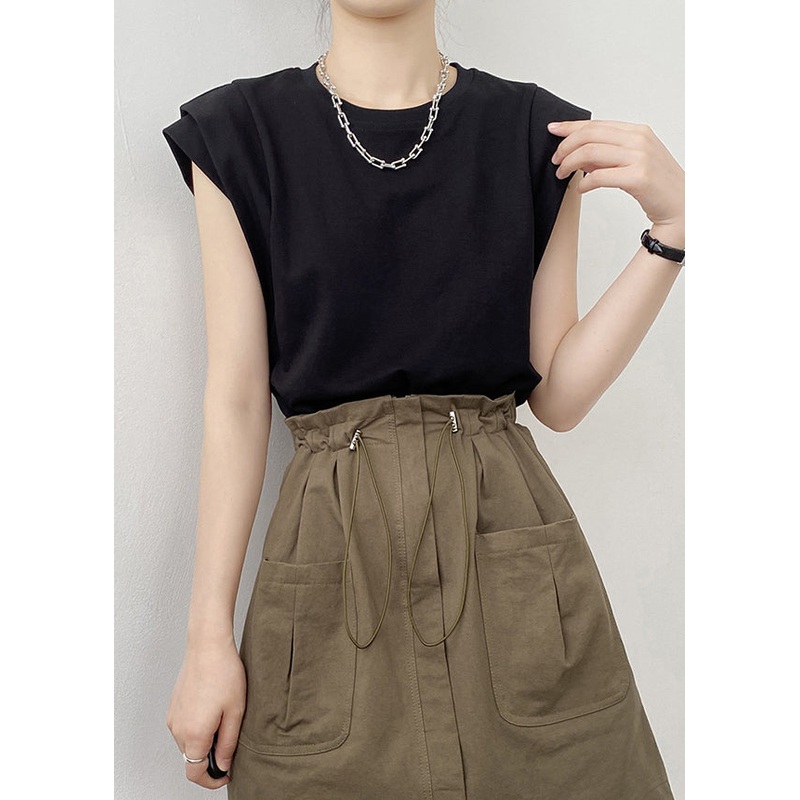 Black Solid Cotton T Shirts O Neck Summer