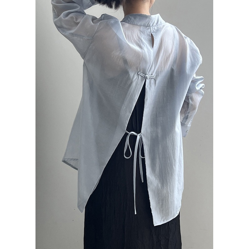 Blue Lace Up Side Open Silk Blouses Peter Pan Collar Spring