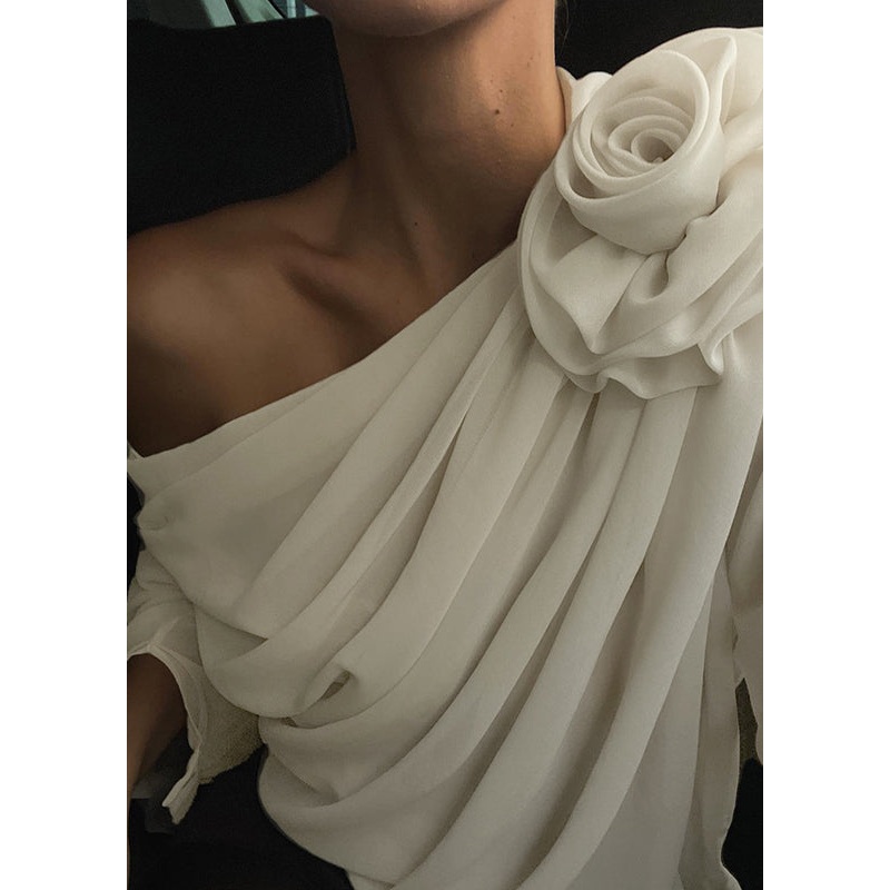 Brief Apricot Floral One Shoulder Chiffon Top Spring